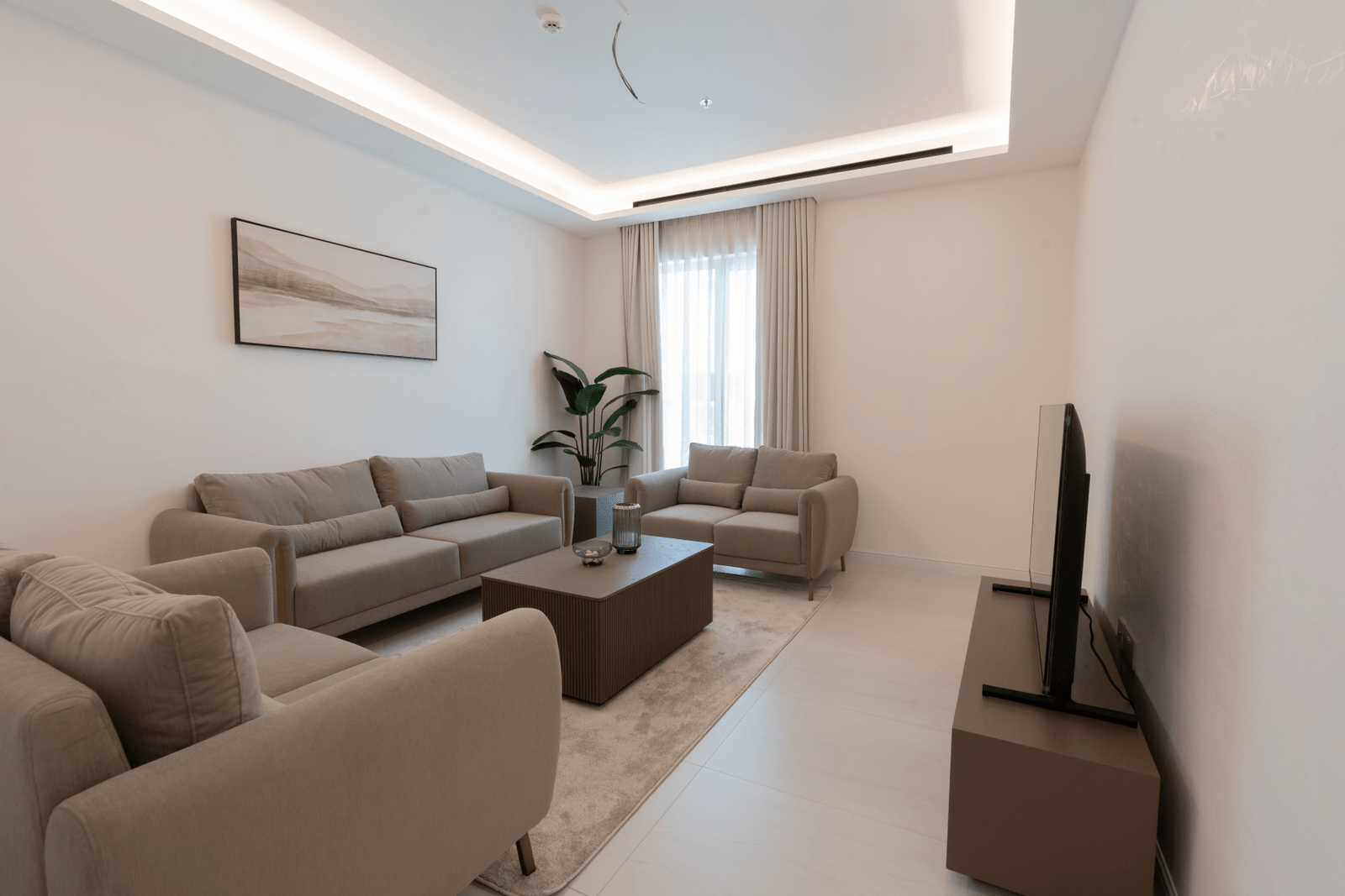 Casual TV lounge area with cozy seating and minimalistic decor.